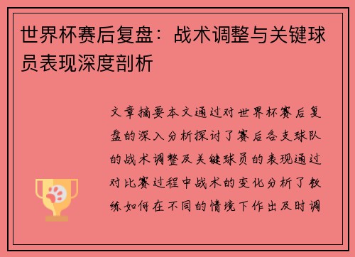 世界杯赛后复盘：战术调整与关键球员表现深度剖析